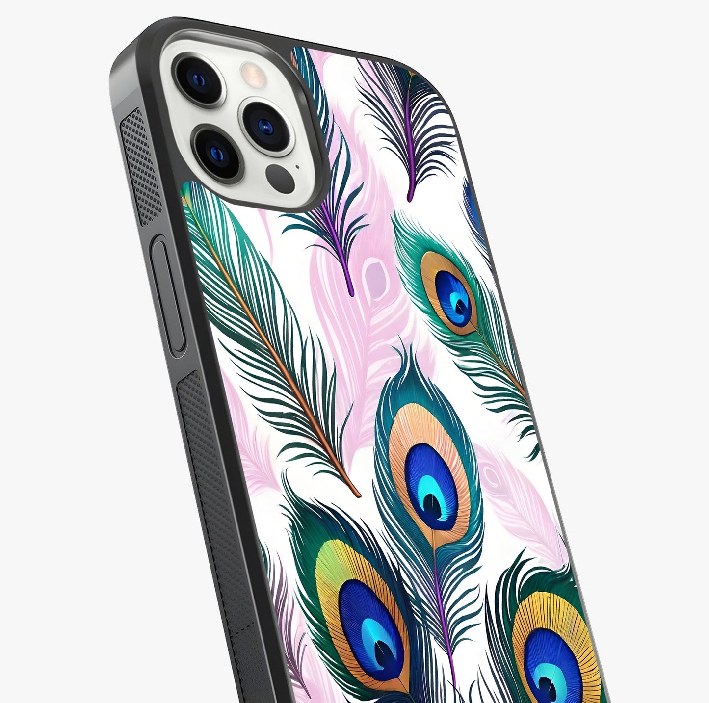 Royal Peacock Feathers Glass Case captured at a warm angle highlighting gloss, texture and premium glass finish.