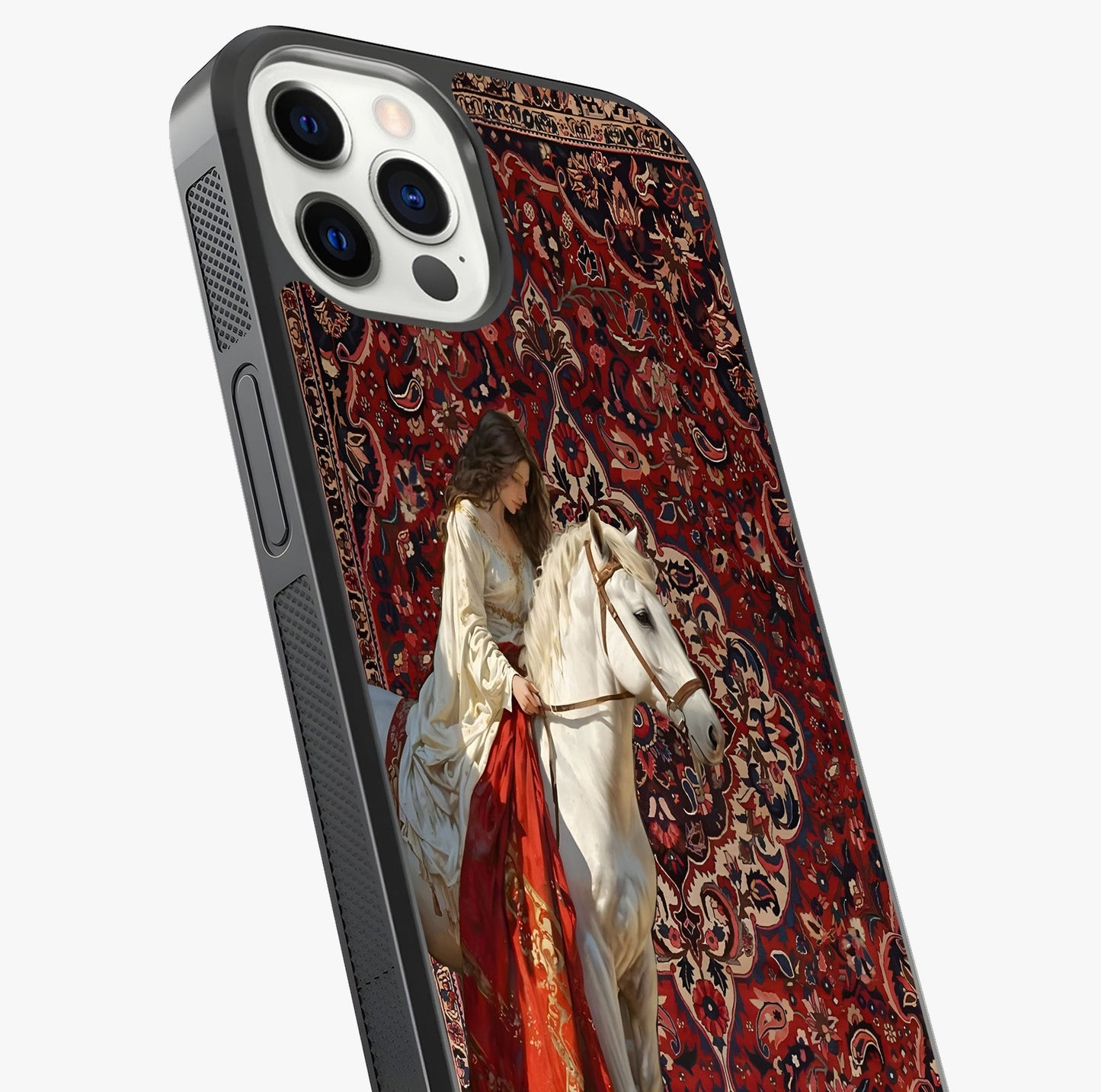 Royal Rider Tapestry Glass Case captured at a warm angle highlighting gloss, texture and premium glass finish.