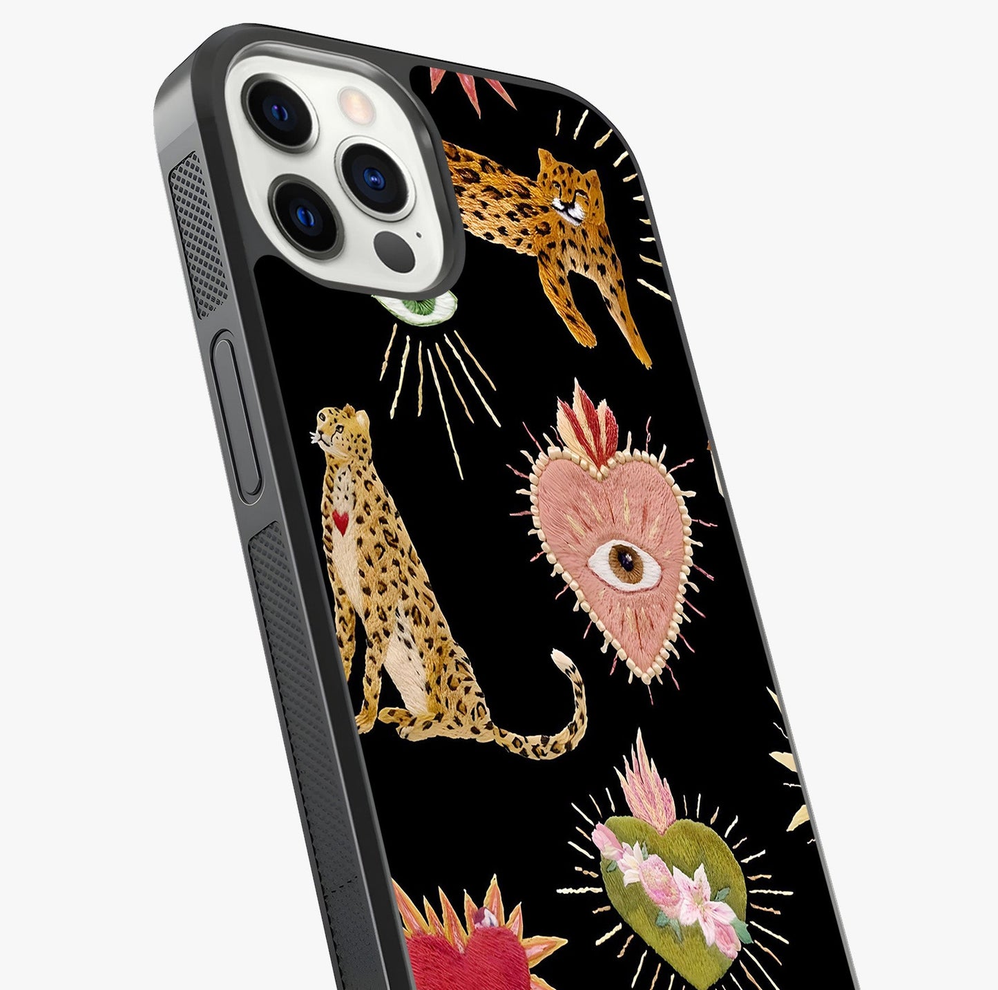 Sacred Jungle Heart Glass Case captured at a warm angle highlighting gloss, texture and premium glass finish.