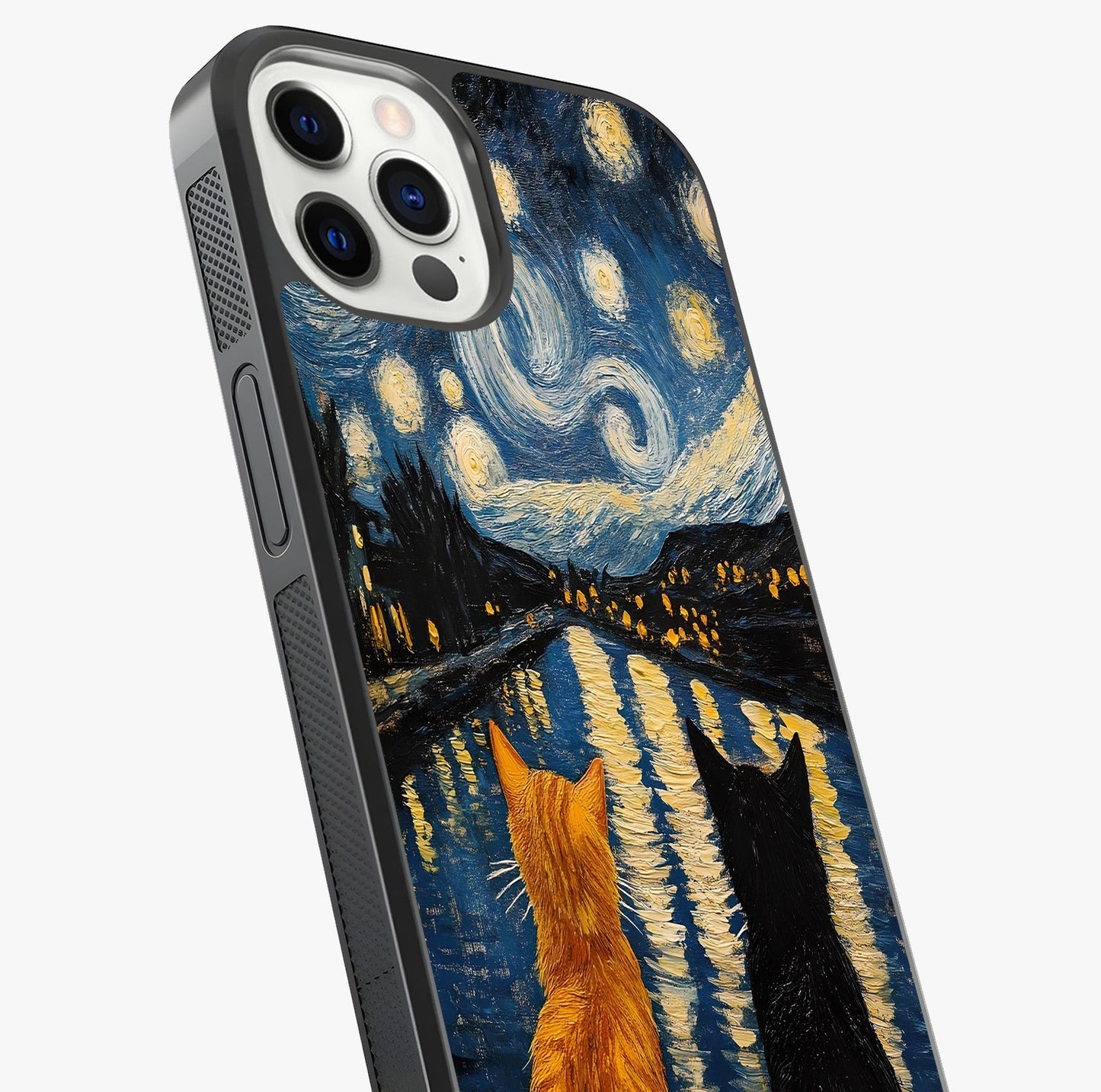Starry River Cats Glass Case captured at a warm angle highlighting gloss, texture and premium glass finish.