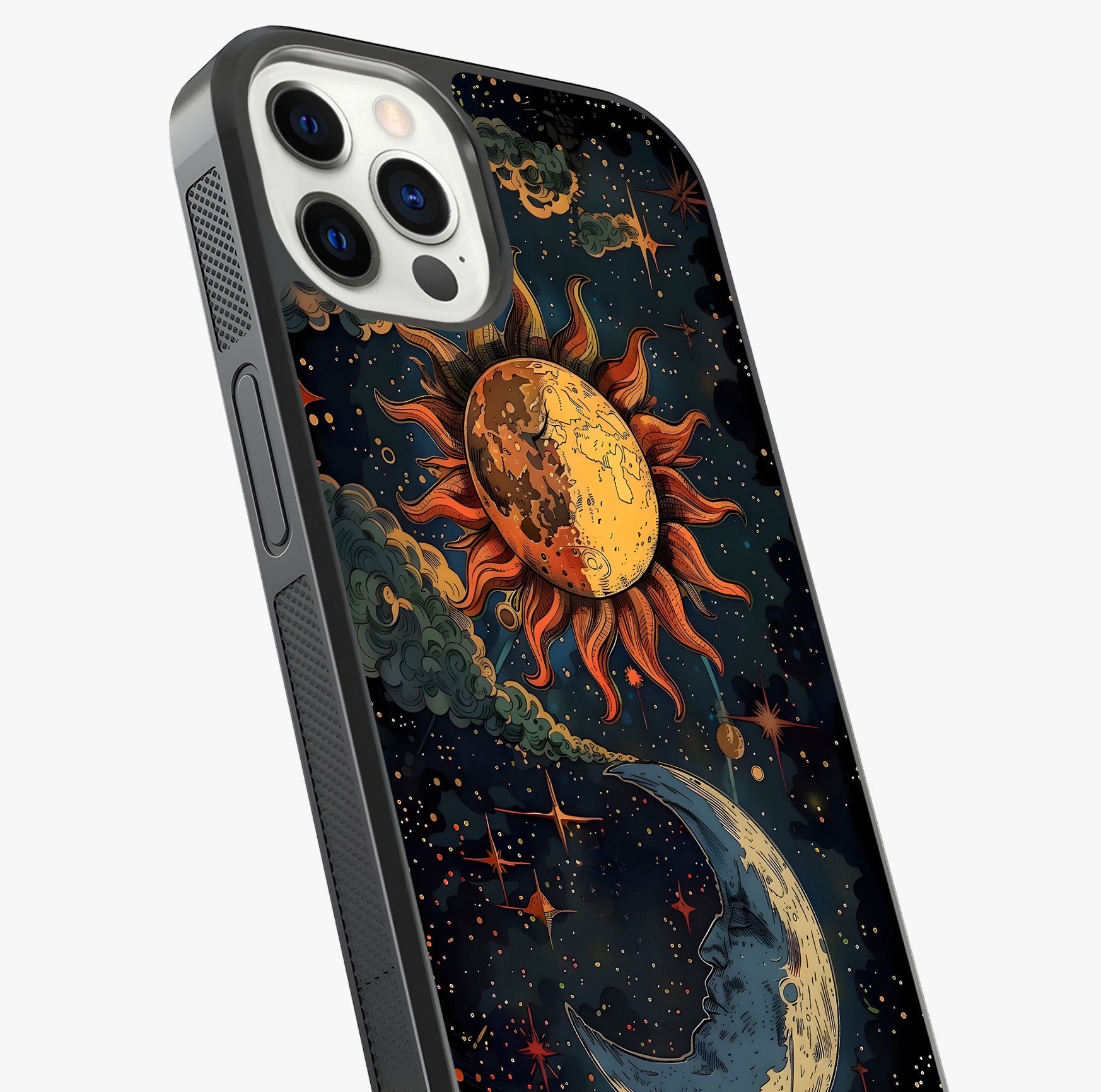 Sun And Moon Magic Design Glass Case captured at a warm angle highlighting gloss, texture and premium glass finish.