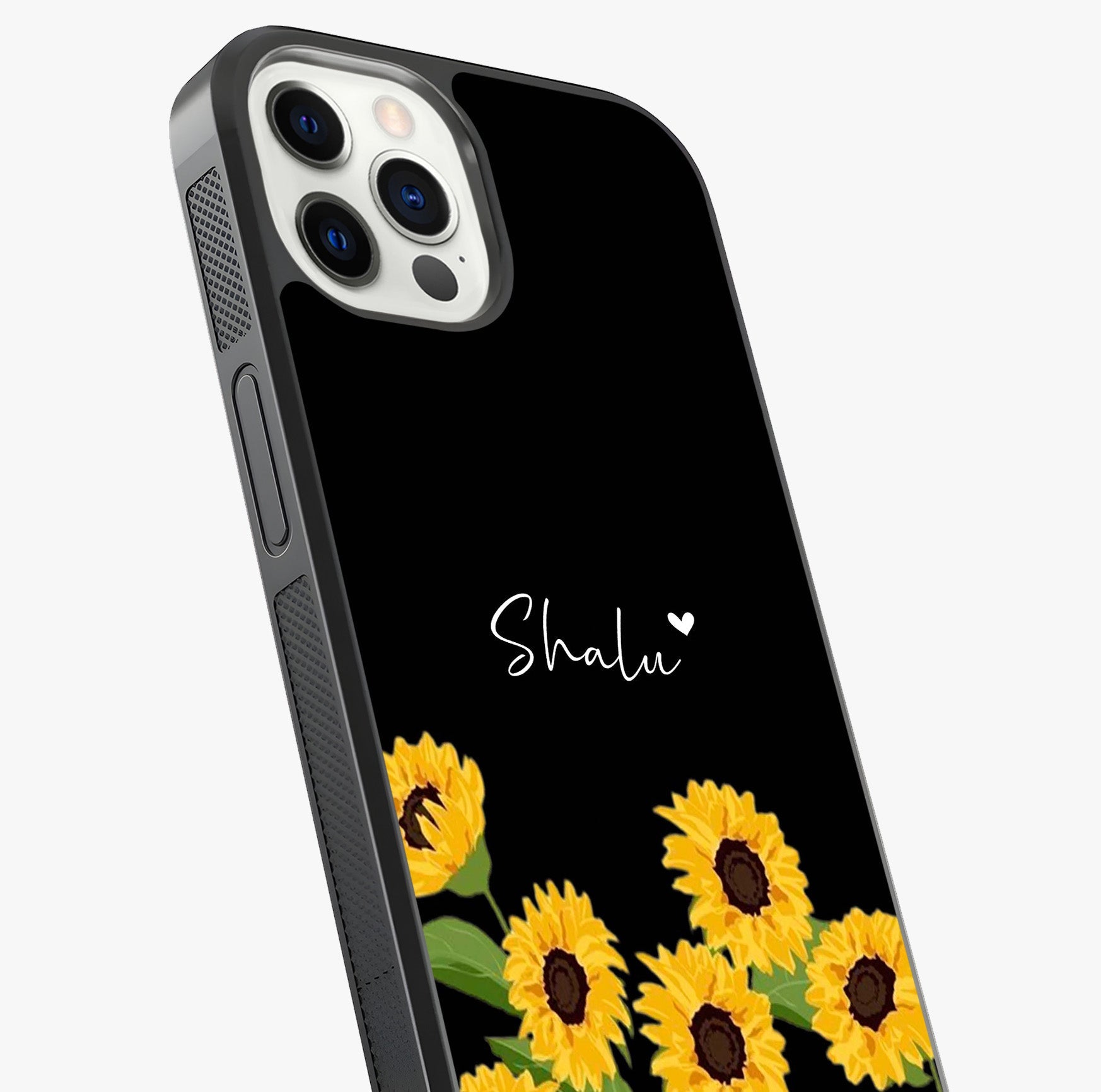 Sunflower Chic Mood Custom Name Glass Case captured at a warm angle highlighting gloss, texture and premium glass finish.