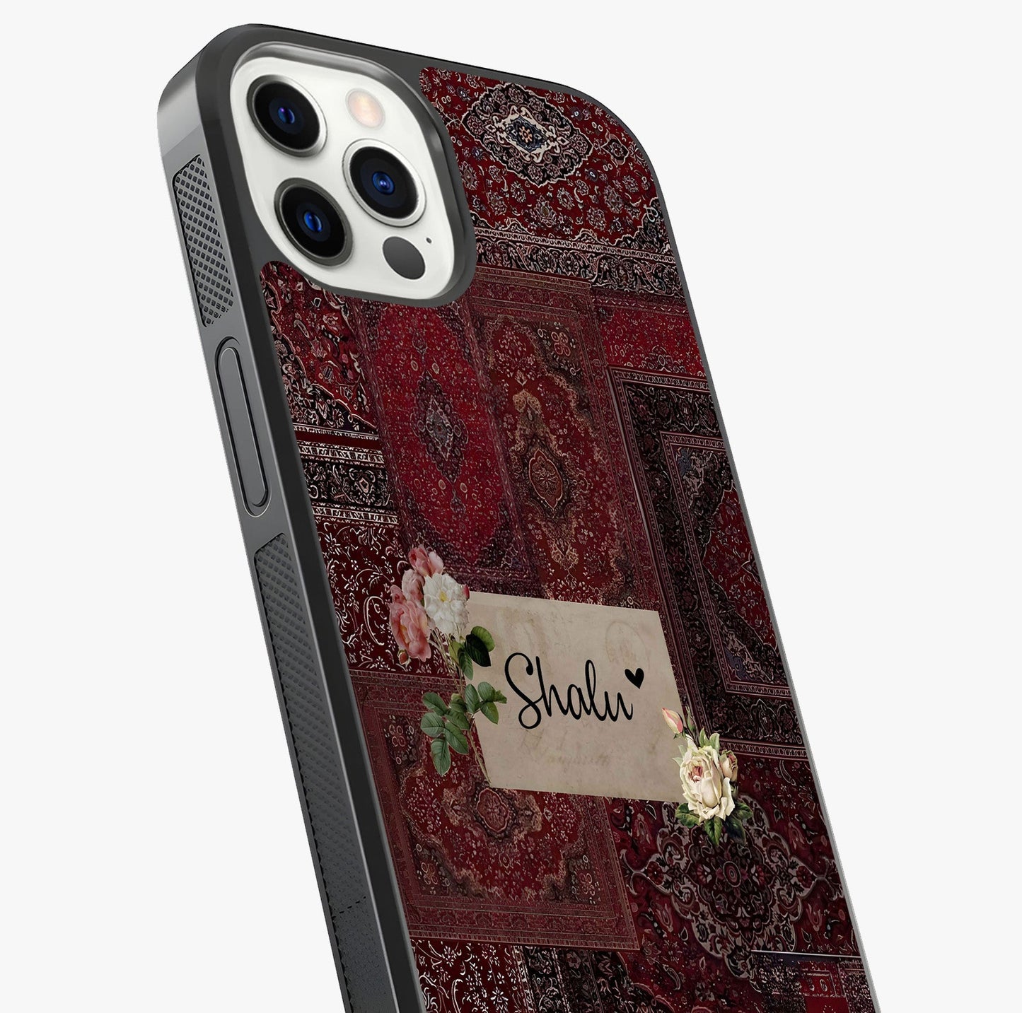 Velvet Wine Pattern Custom Name Glass Case captured at a warm angle highlighting gloss, texture and premium glass finish.