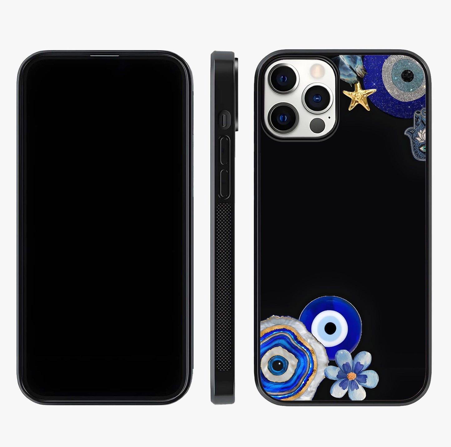 Aesthetic Blue Evil Eye Glass Case displayed upright for full design visibility and premium finish.