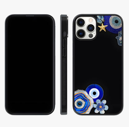 Aesthetic Blue Evil Eye Glass Case displayed upright for full design visibility and premium finish.