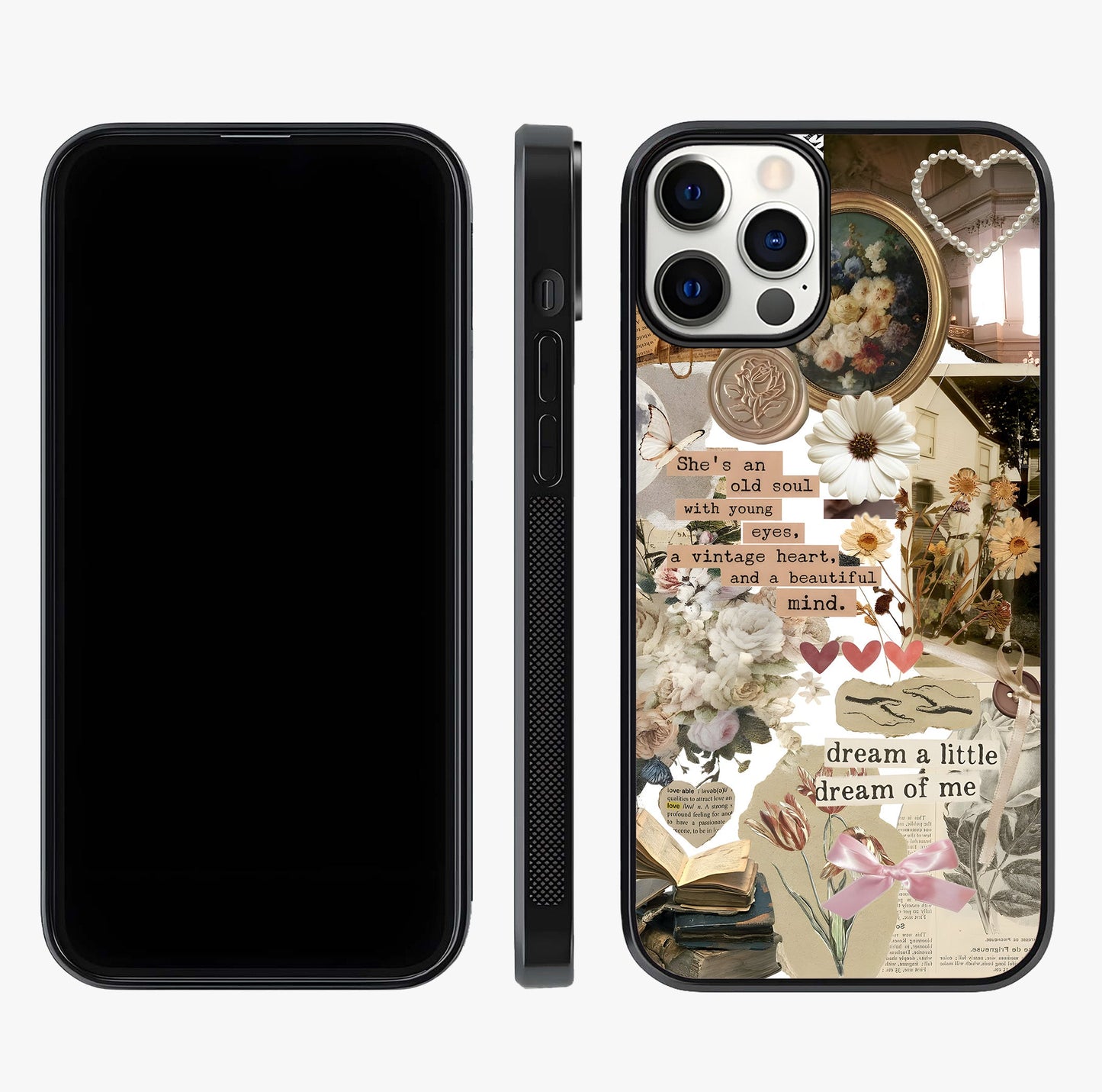 Aesthetic Brown Vintage Collage Glass Case displayed upright for full design visibility and premium finish.