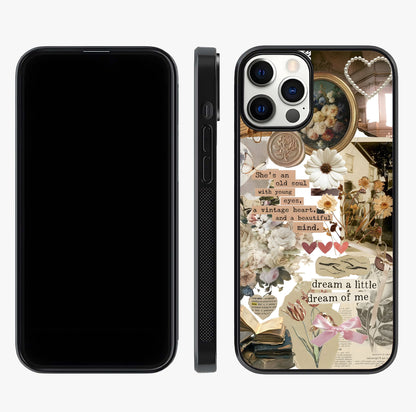 Aesthetic Brown Vintage Collage Glass Case displayed upright for full design visibility and premium finish.