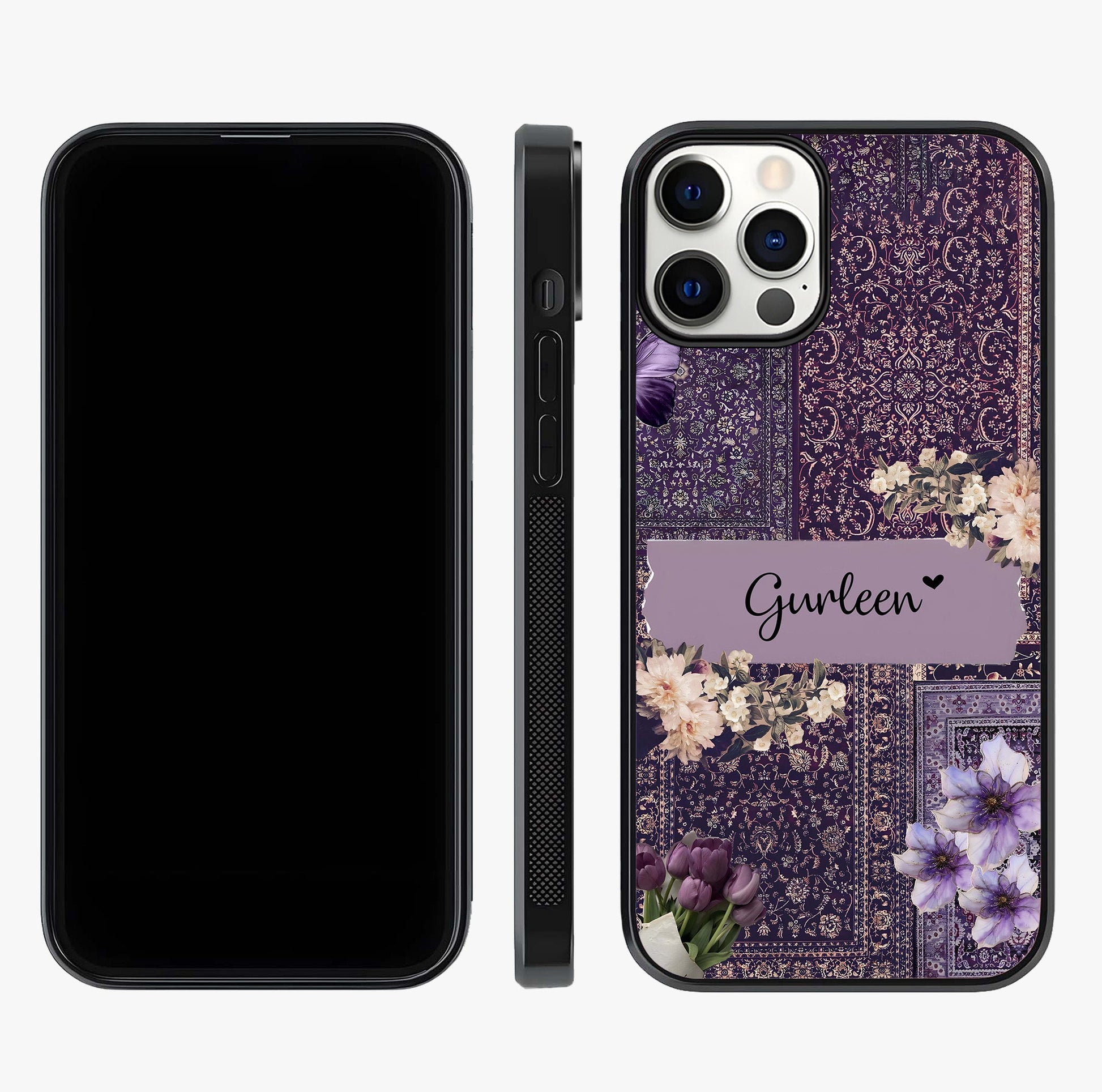 Antique Floral Whisper Custom Name Glass Case displayed upright for full design visibility and premium finish.