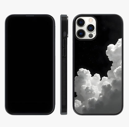 Black Background With White Cloud Glass Case displayed upright for full design visibility and premium finish.