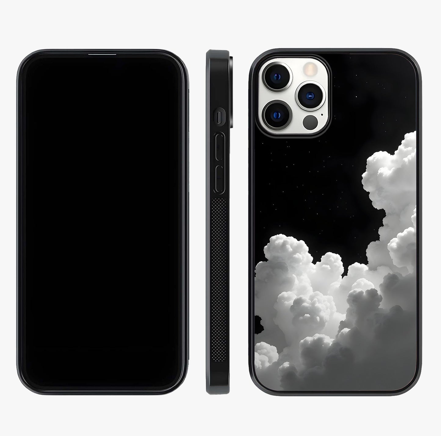 Black Background With White Cloud Glass Case displayed upright for full design visibility and premium finish.
