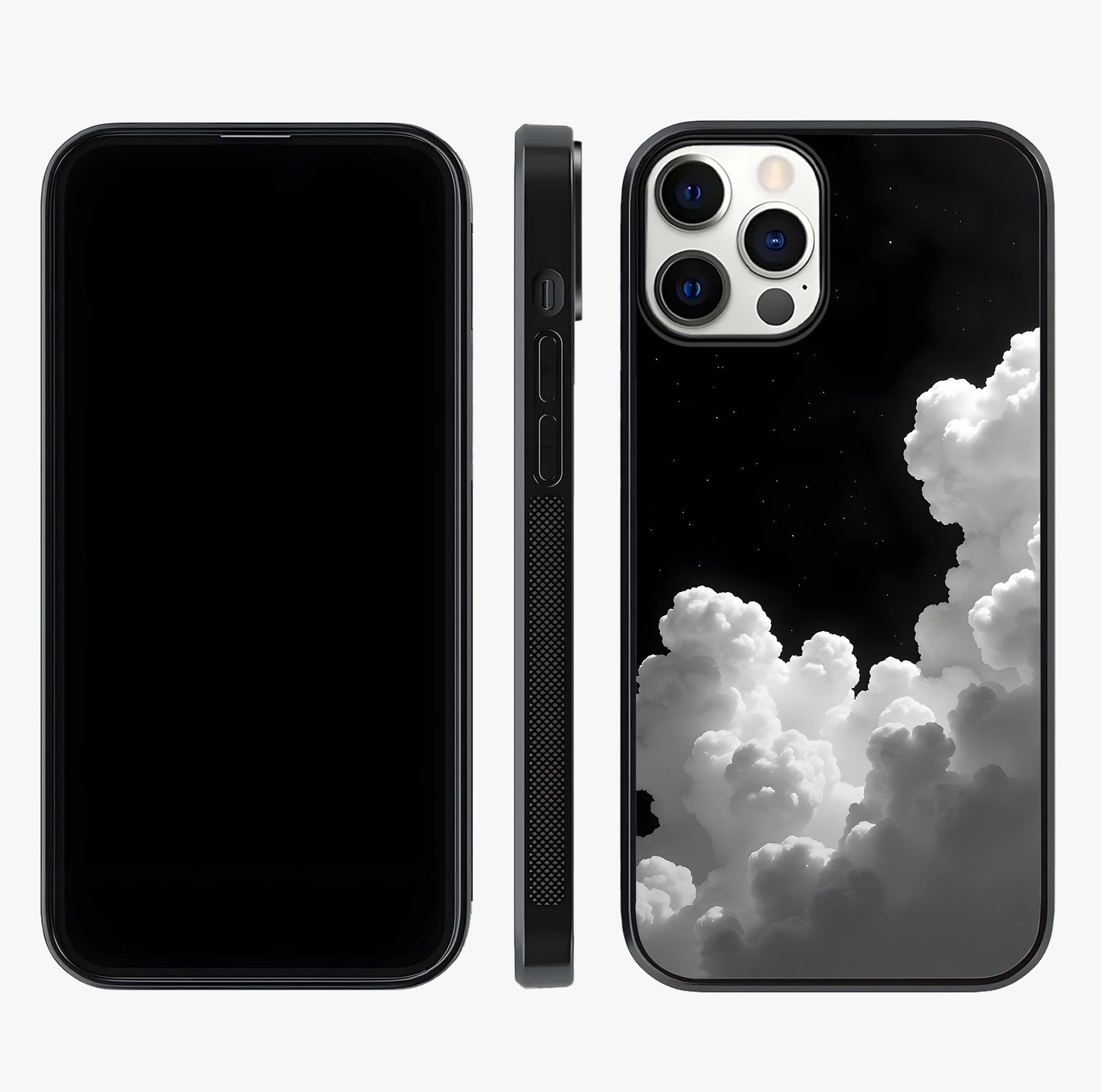 Black Background With White Cloud Glass Case displayed upright for full design visibility and premium finish.