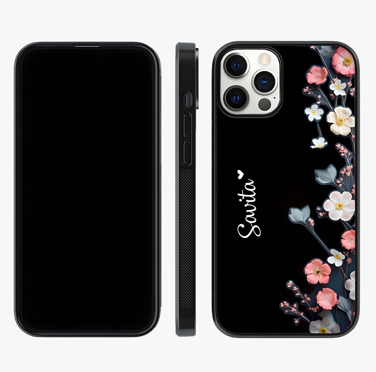 Black Elegance Floral Custom Name Glass Case displayed upright for full design visibility and premium finish.