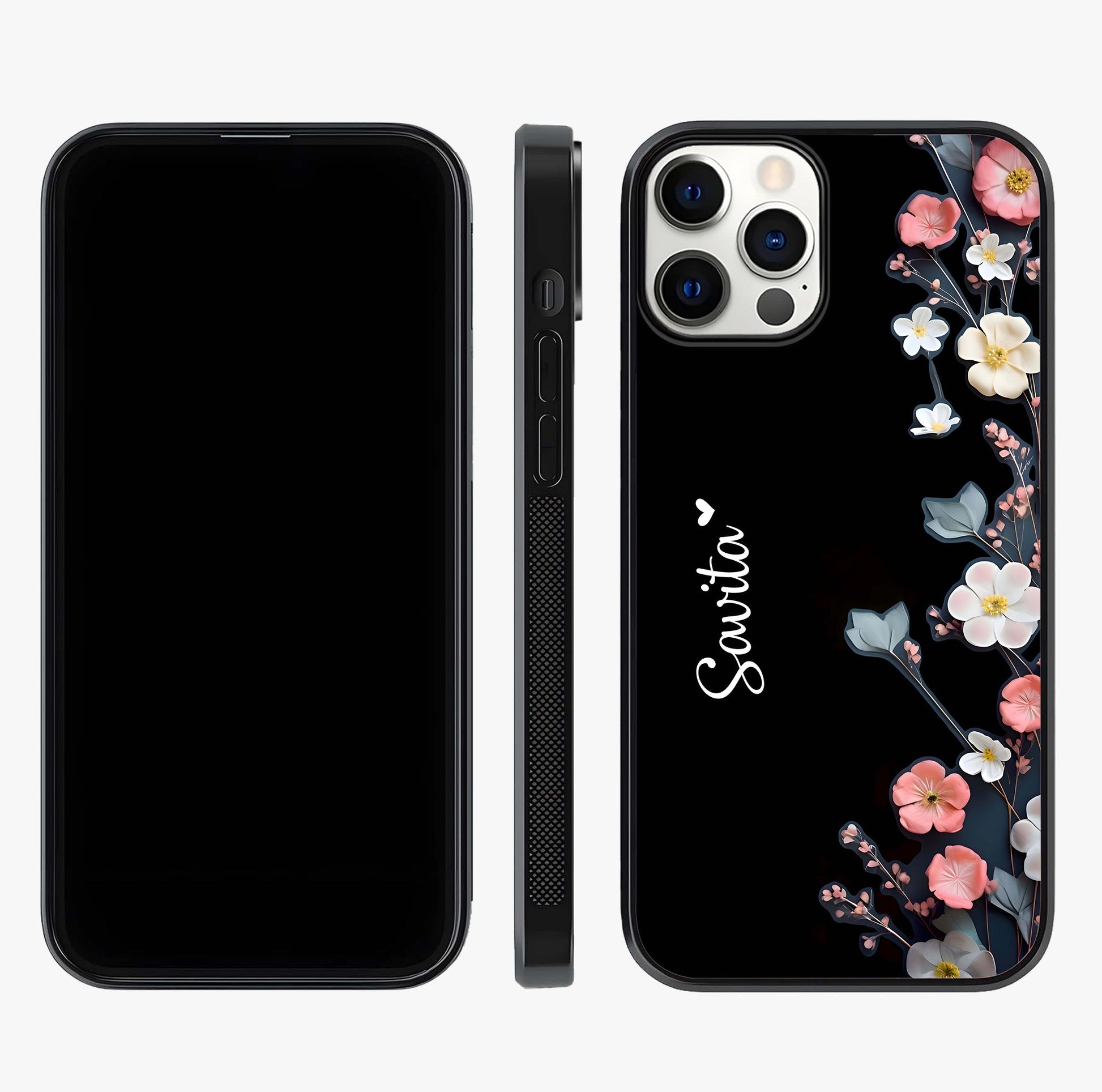 Black Elegance Floral Custom Name Glass Case displayed upright for full design visibility and premium finish.