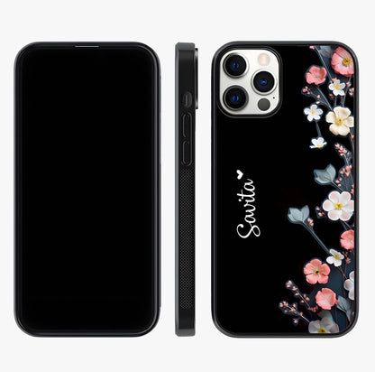 Black Elegance Floral Custom Name Glass Case displayed upright for full design visibility and premium finish.