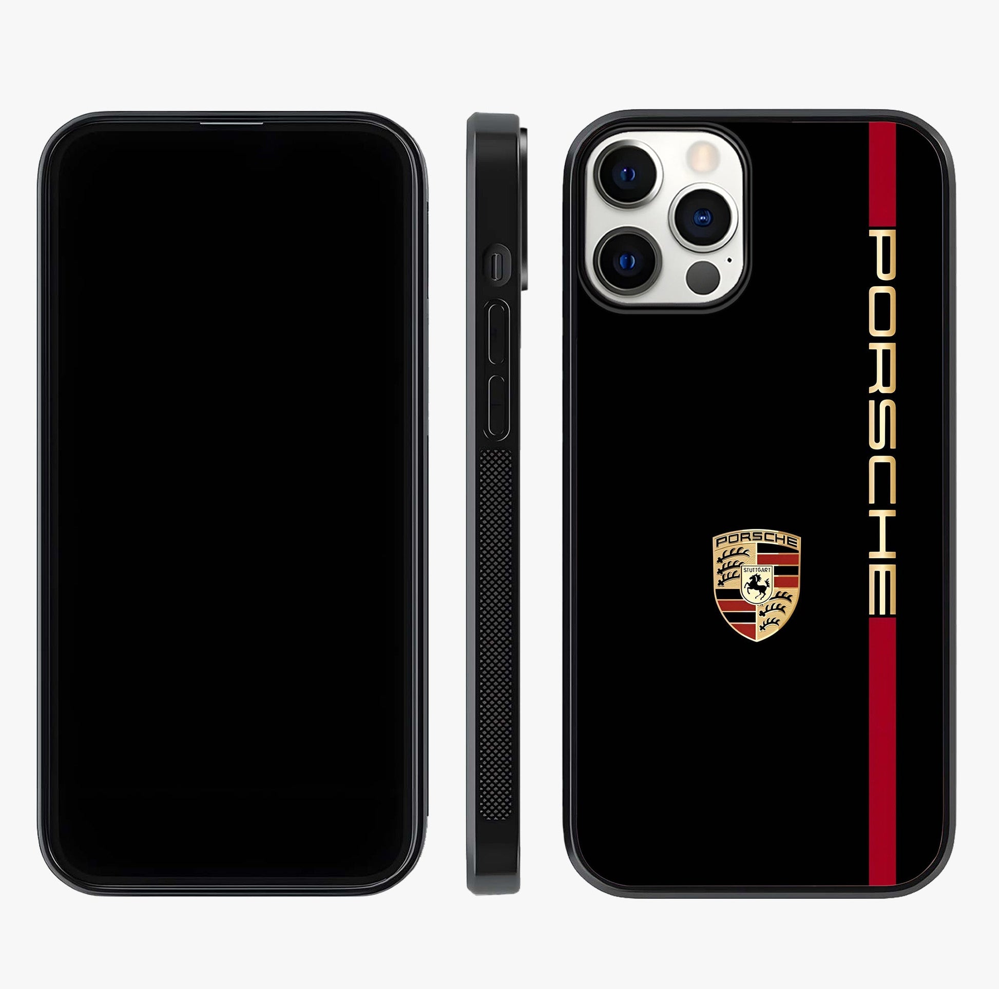 Black Minimal Porsche Glass Case displayed upright for full design visibility and premium finish.