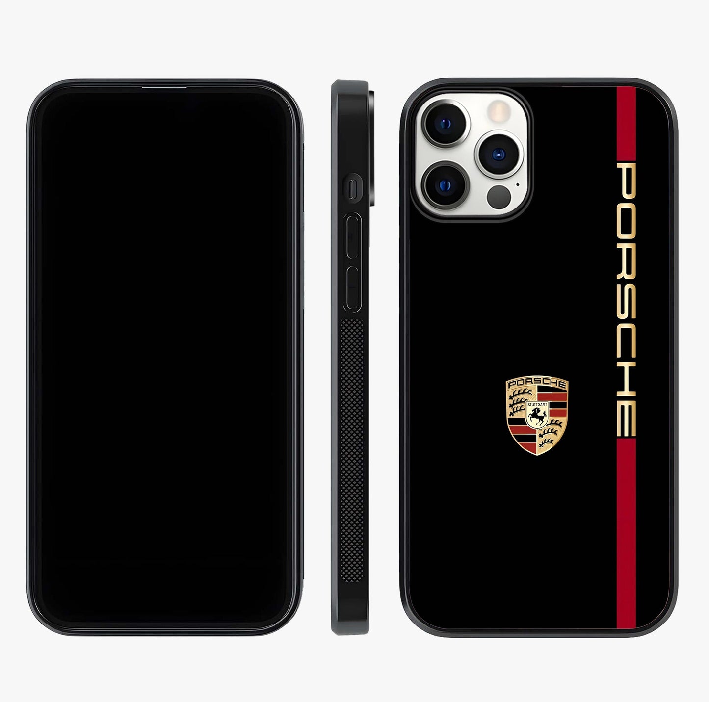 Black Minimal Porsche Glass Case displayed upright for full design visibility and premium finish.