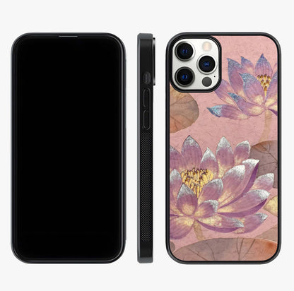 Blossom Mist Lotus Glass Case displayed upright for full design visibility and premium finish.