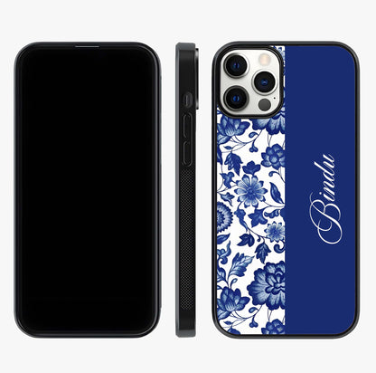 Blue Vintage Floral Pattern Glass Case displayed upright for full design visibility and premium finish.