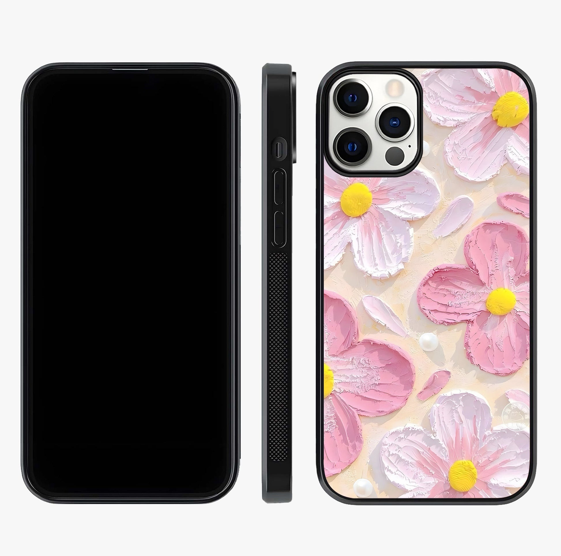 Blush Bloom Texture Glass Case displayed upright for full design visibility and premium finish.