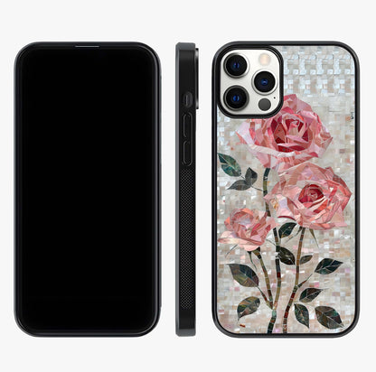 Blush Mosaic Bloom Glass Case displayed upright for full design visibility and premium finish.