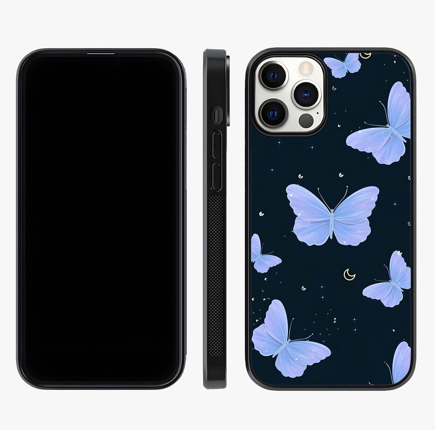 Butterfly With Stars Pattern Glass Case displayed upright for full design visibility and premium finish.