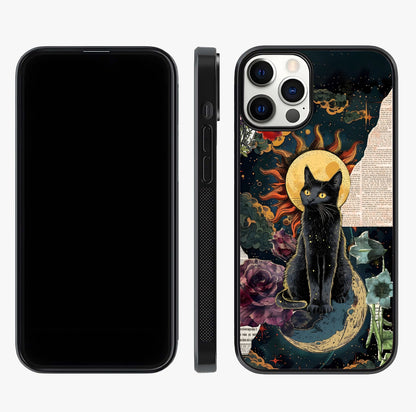 Celestial Black Cat Glass Case displayed upright for full design visibility and premium finish.