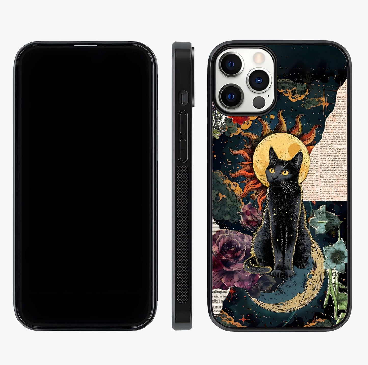 Celestial Black Cat Glass Case displayed upright for full design visibility and premium finish.