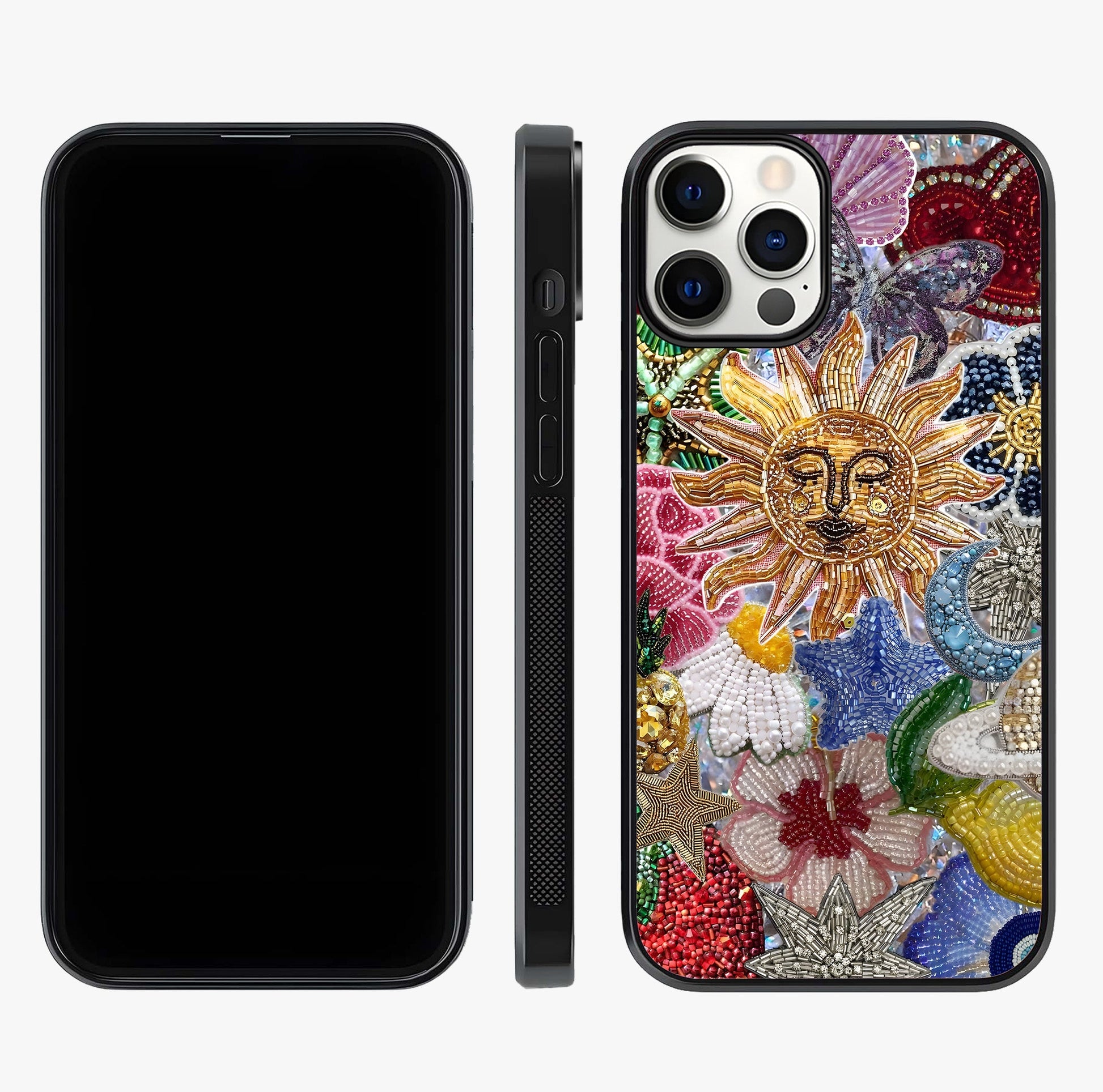Celestial Floral And Playful Glass Case displayed upright for full design visibility and premium finish.