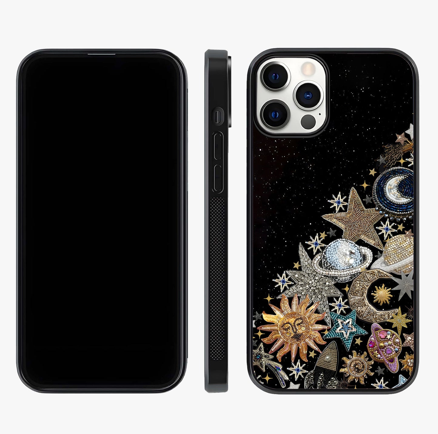Cosmic Sparkle Dreams Glass Case displayed upright for full design visibility and premium finish.