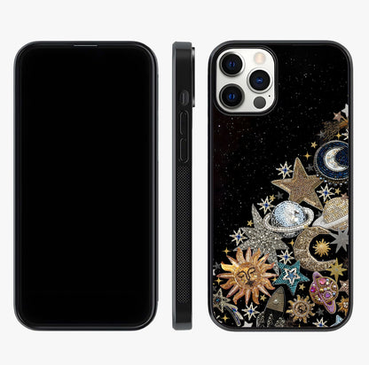 Cosmic Sparkle Dreams Glass Case displayed upright for full design visibility and premium finish.