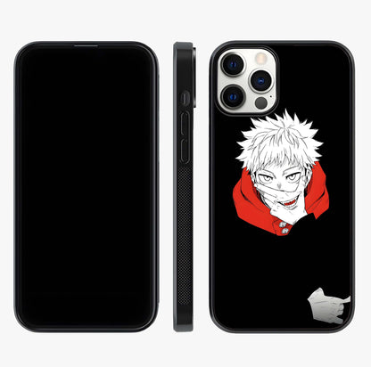 Crimson Chaos Smile Glass Case displayed upright for full design visibility and premium finish.