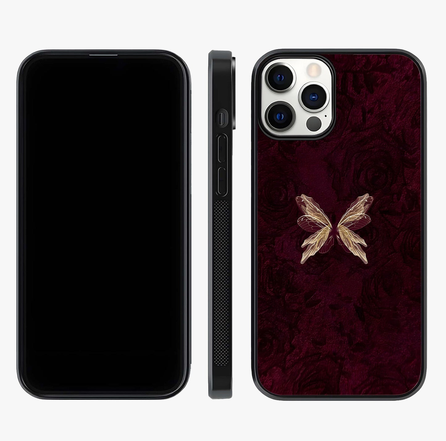 Crimson Fade Butterfly Glass Case displayed upright for full design visibility and premium finish.