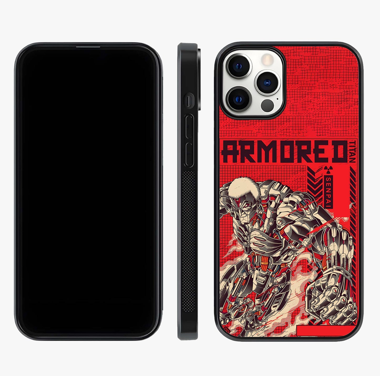 Crimson Mecha Titan Glass Case displayed upright for full design visibility and premium finish.