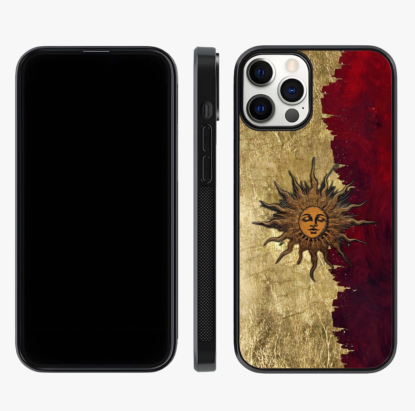Crimson Sun Majesty Glass Case displayed upright for full design visibility and premium finish.