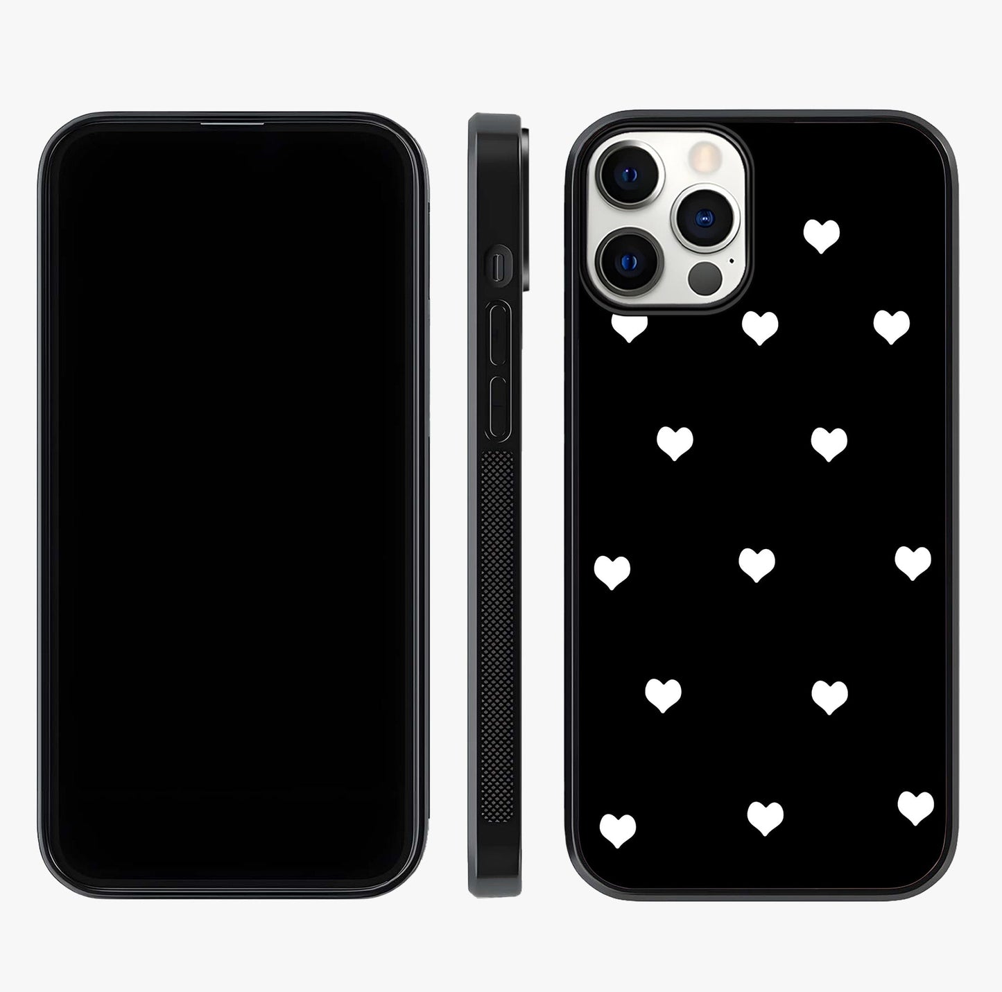 Cute And Simple White Hearts Glass Case displayed upright for full design visibility and premium finish.