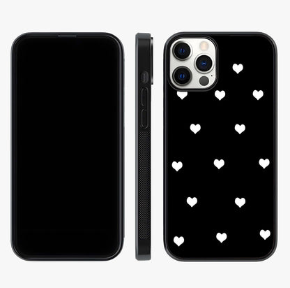 Cute And Simple White Hearts Glass Case displayed upright for full design visibility and premium finish.