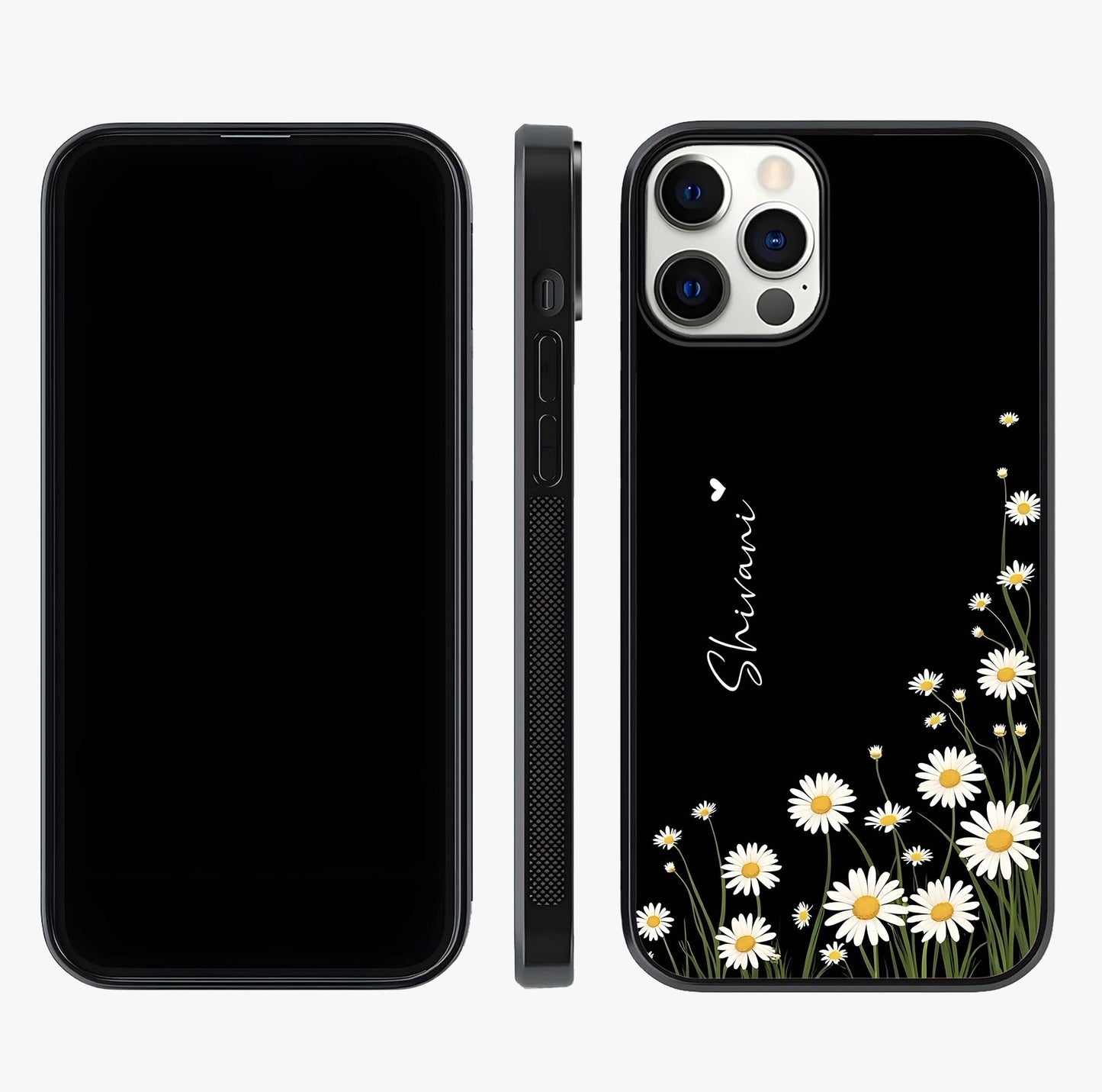 Daisy Cascade Custom Name Glass Case displayed upright for full design visibility and premium finish.