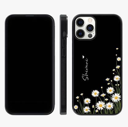 Daisy Cascade Custom Name Glass Case displayed upright for full design visibility and premium finish.