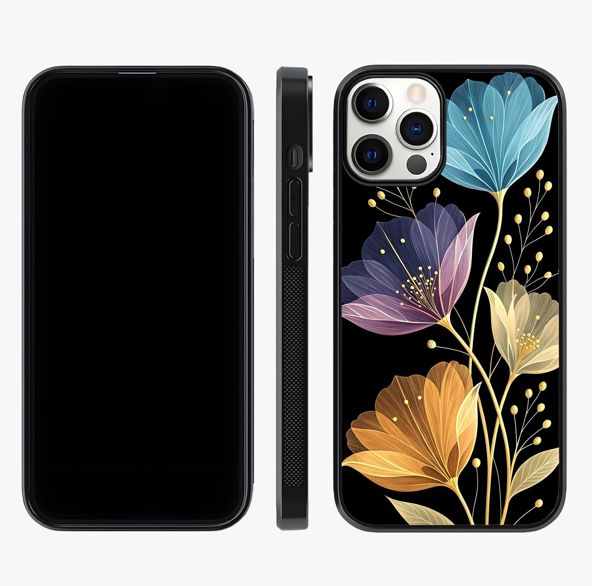 Delicate Multicolor Flowers Glass Case displayed upright for full design visibility and premium finish.