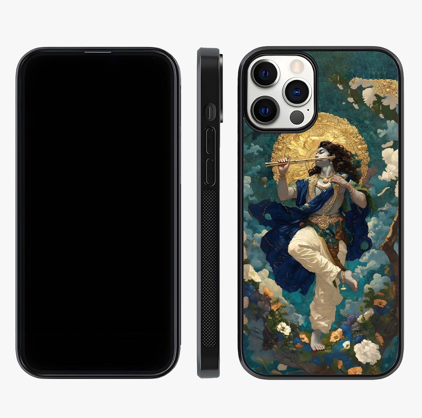 Divine Krishna Art Glass Case displayed upright for full design visibility and premium finish.