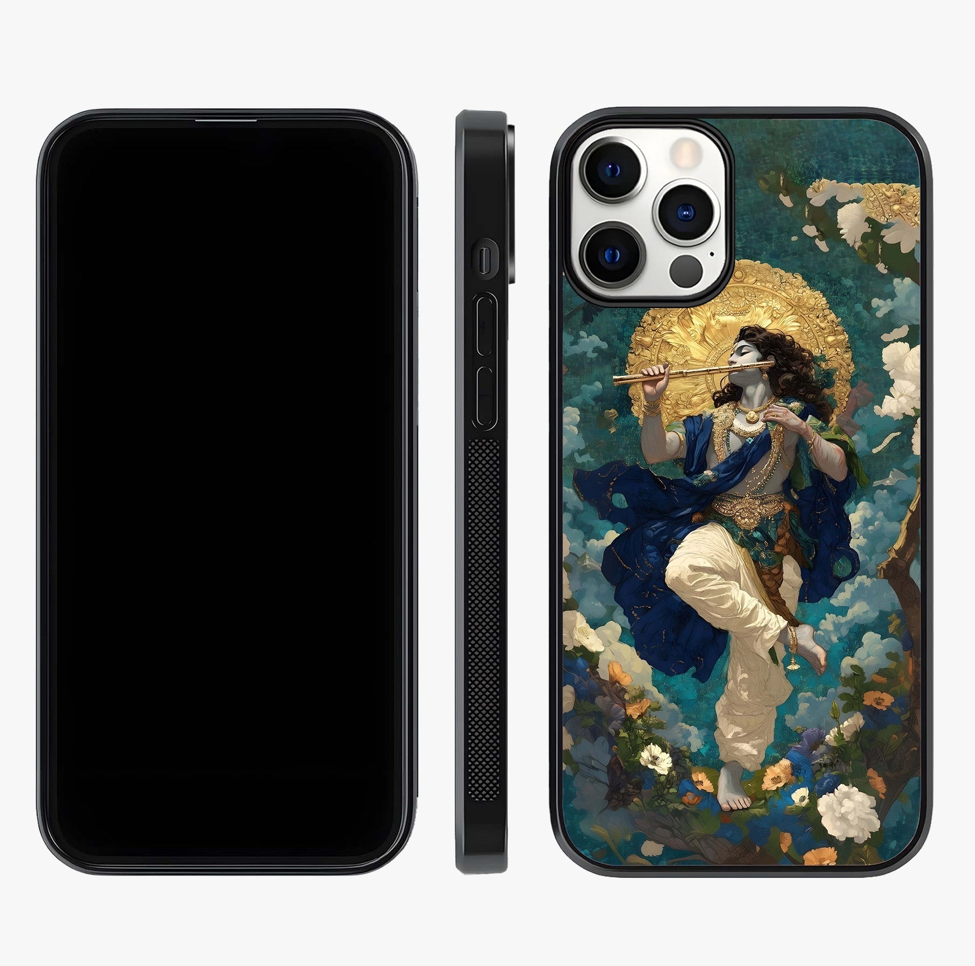 Divine Krishna Art Glass Case displayed upright for full design visibility and premium finish.