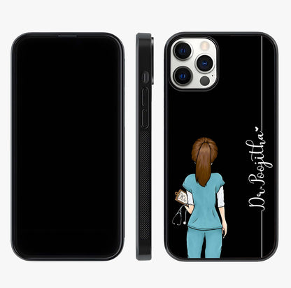 Doctor Pattern Custom Name Glass Case displayed upright for full design visibility and premium finish.
