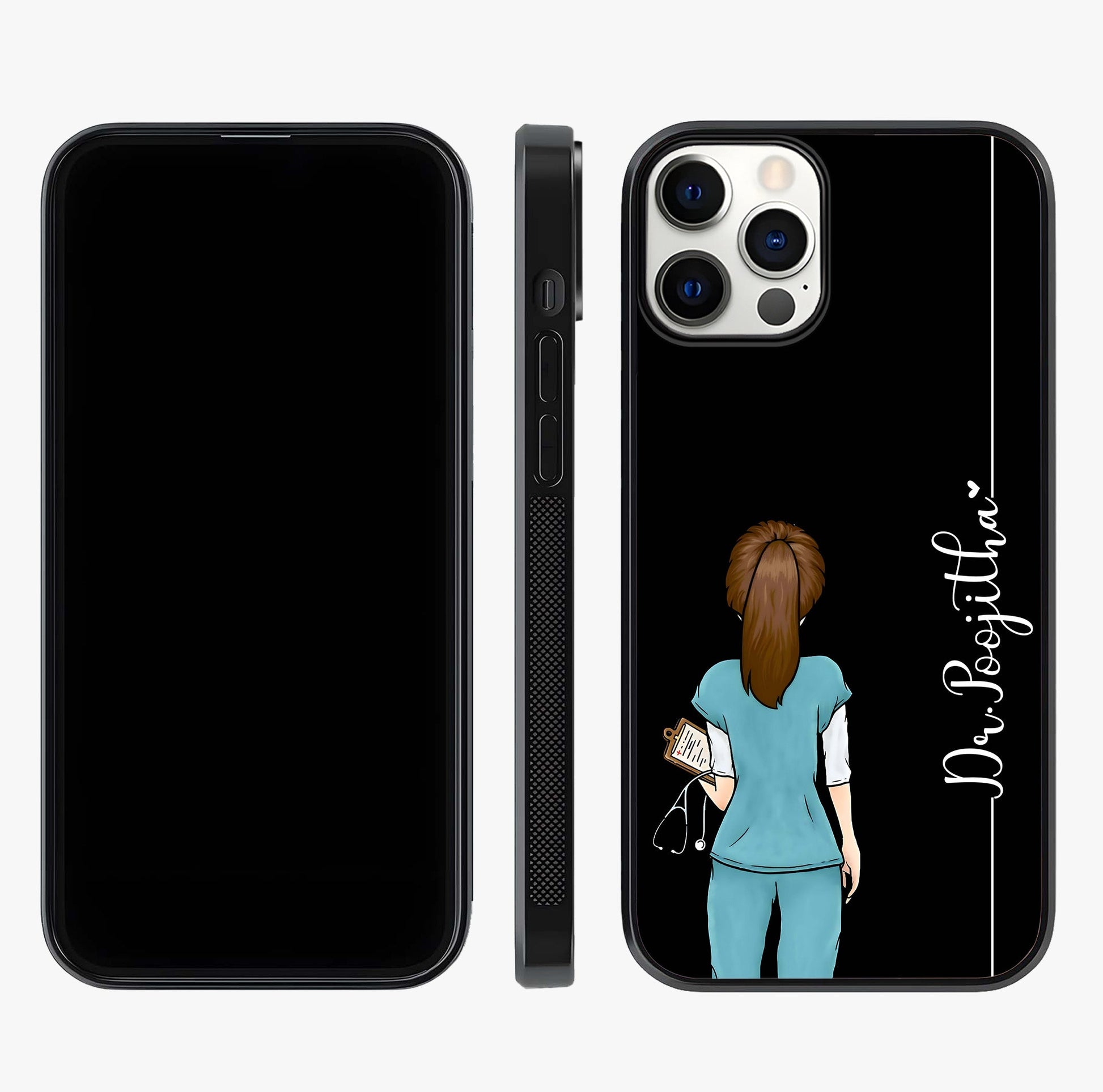 Doctor Pattern Custom Name Glass Case displayed upright for full design visibility and premium finish.