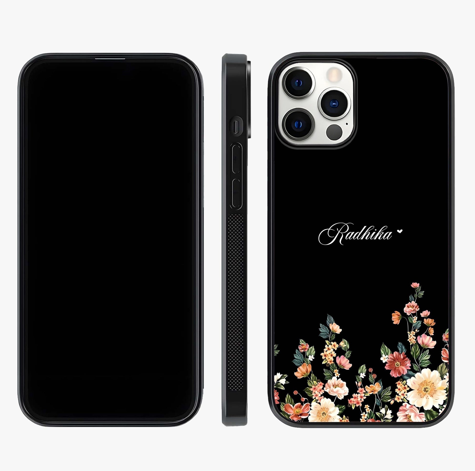 Floral Design With A Custom Personalized Name Glass Case displayed upright for full design visibility and premium finish.