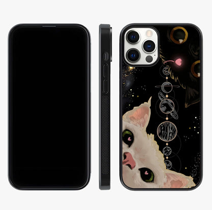 Galactic Cat Glass Case displayed upright for full design visibility and premium finish.