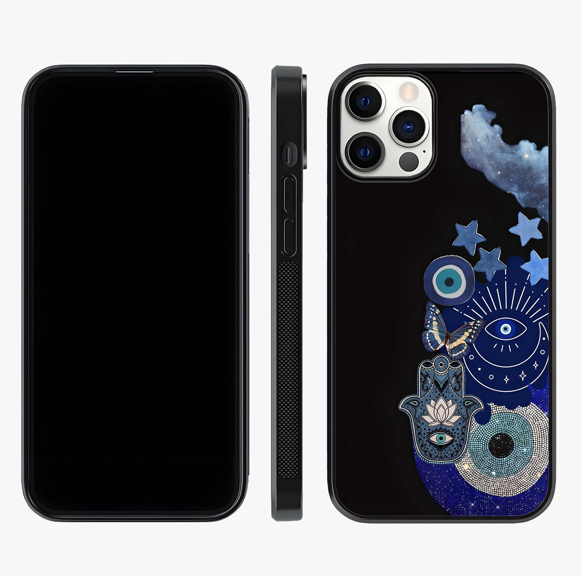 Galactic Charm Cluster Glass Case displayed upright for full design visibility and premium finish.