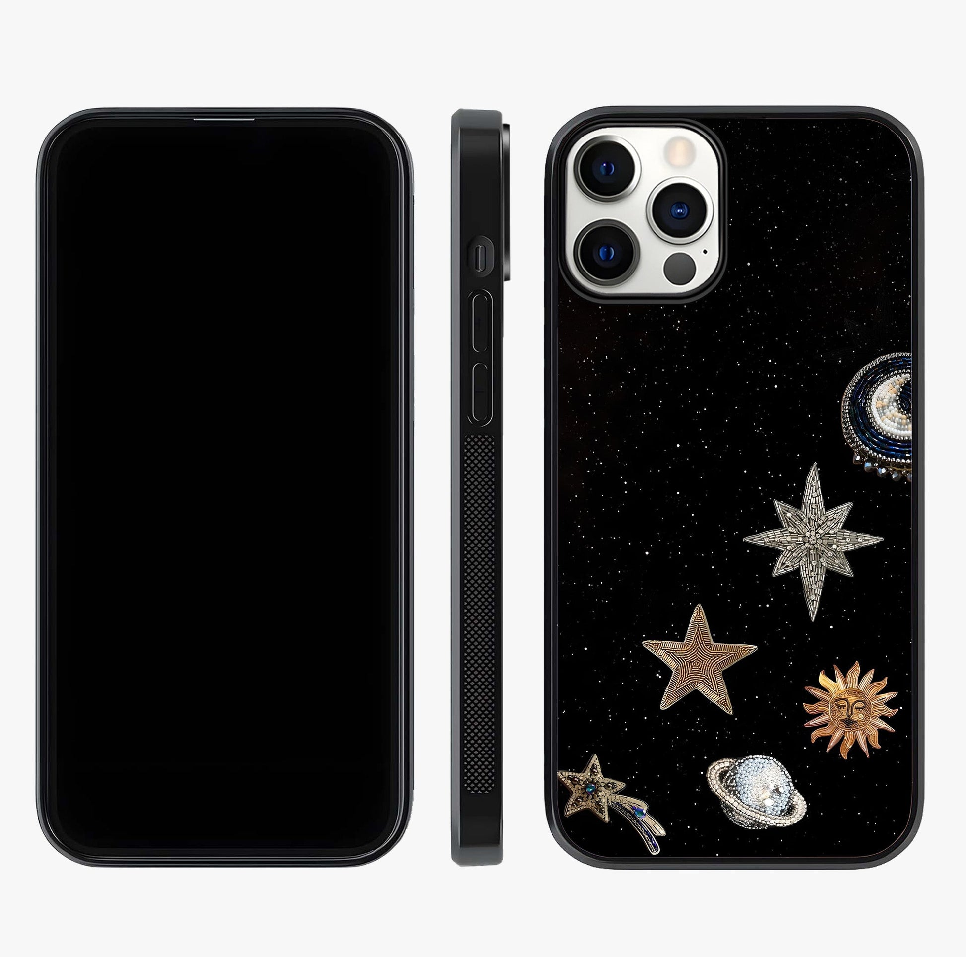 Galactic Charm Glow Glass Case displayed upright for full design visibility and premium finish.