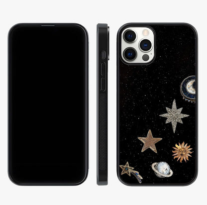 Galactic Charm Glow Glass Case displayed upright for full design visibility and premium finish.