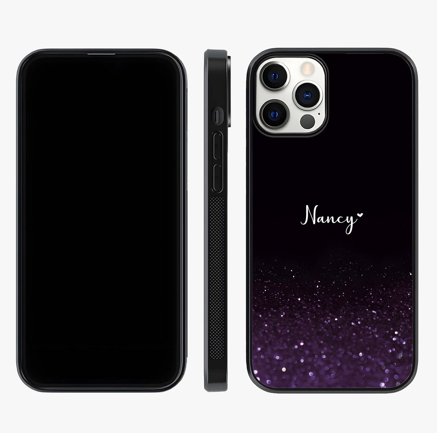 Glittery Purple Bokeh Custom Name Glass Case displayed upright for full design visibility and premium finish.