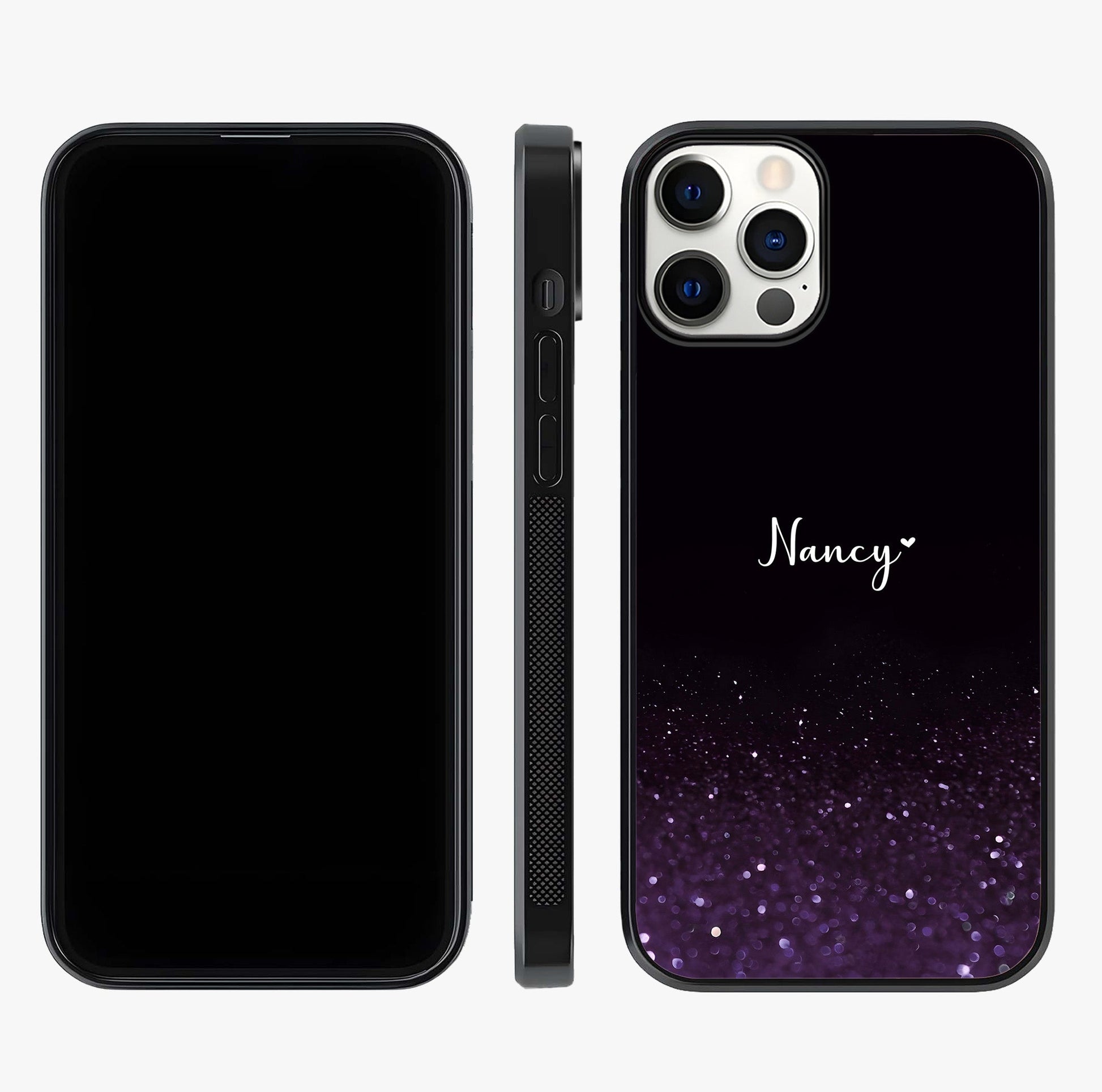 Glittery Purple Bokeh Custom Name Glass Case displayed upright for full design visibility and premium finish.